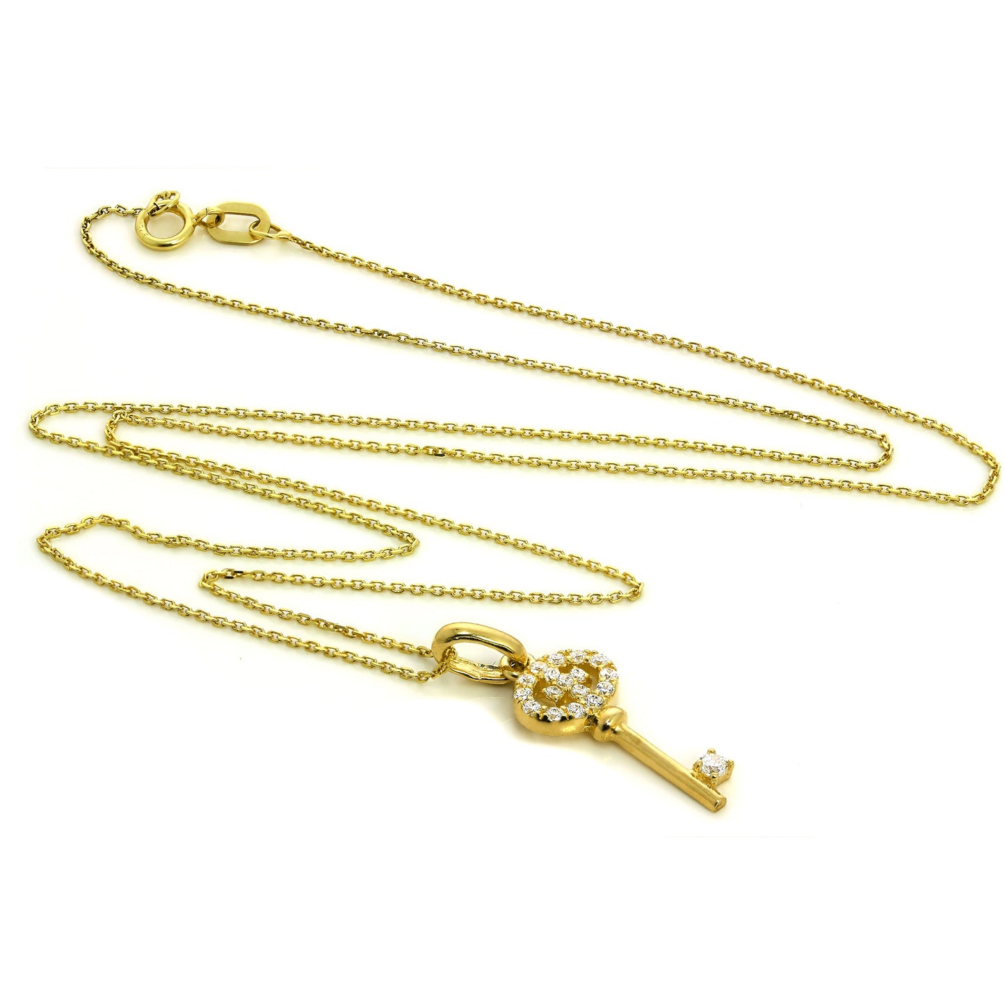 Pendentif clé en or jaune 9 carats et cristaux CZ incrustés sur chaîne de 40 à 50 cm