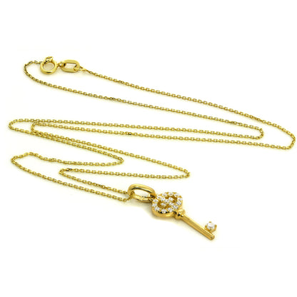 Pendentif clé en or jaune 9 carats et cristaux CZ incrustés sur chaîne de 40 à 50 cm