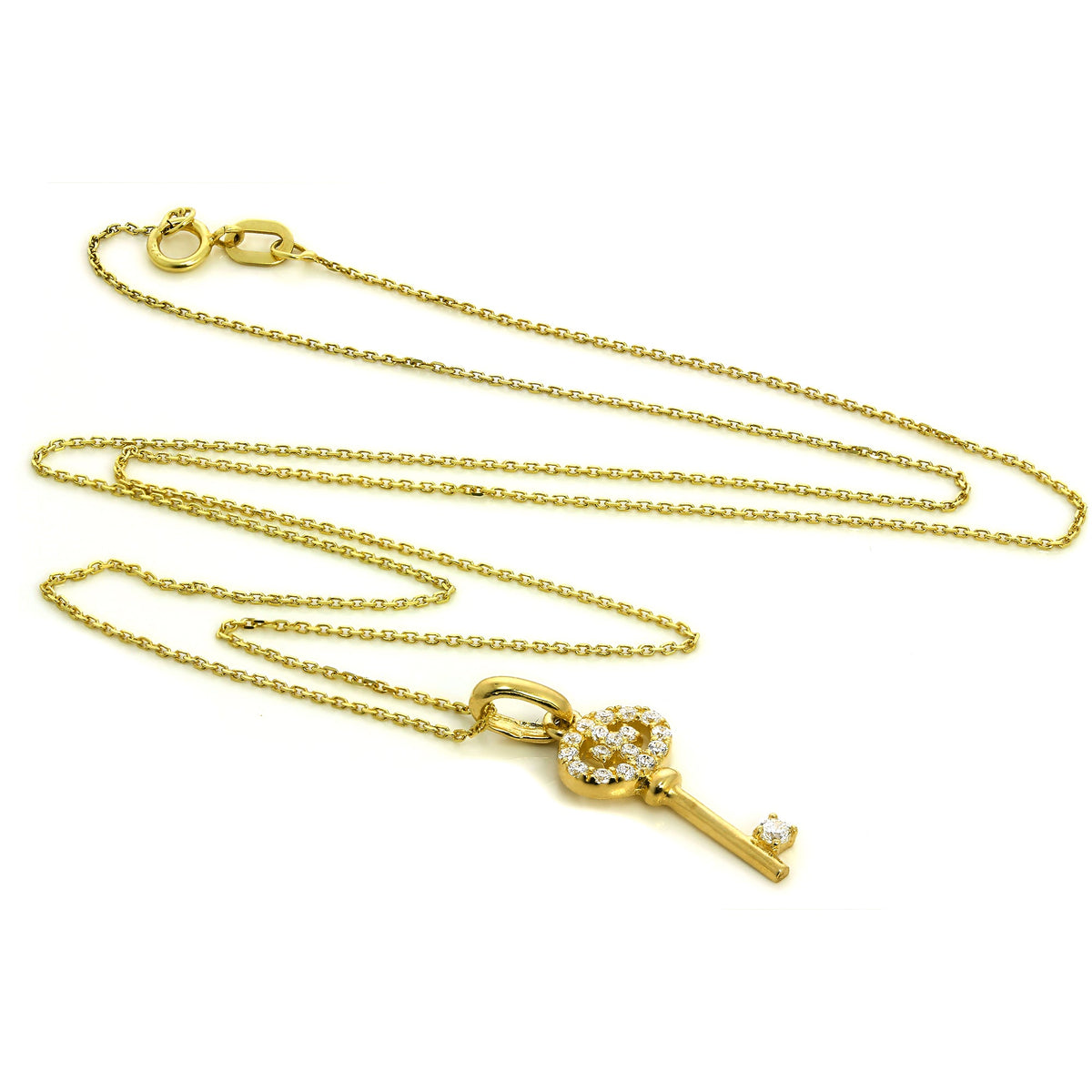 Pendentif clé en or jaune 9 carats et cristaux CZ incrustés sur chaîne de 40 à 50 cm
