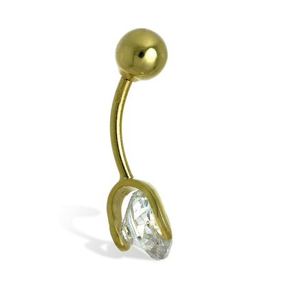 Piercing nombril en or 9 carats avec boule en cristal CZ transparent de 7 mm