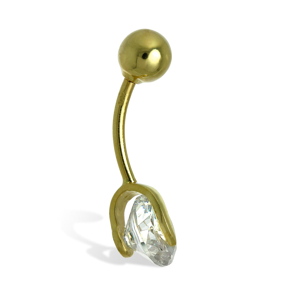 Piercing nombril en or 9 carats avec boule en cristal CZ transparent de 7 mm