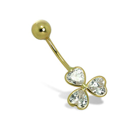 Piercing nombril en forme de boule en or 9 carats et cristal CZ en forme de trèfle
