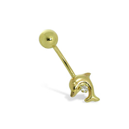 Piercing nombril en forme de dauphin sauteur en or 9 carats et cristal CZ
