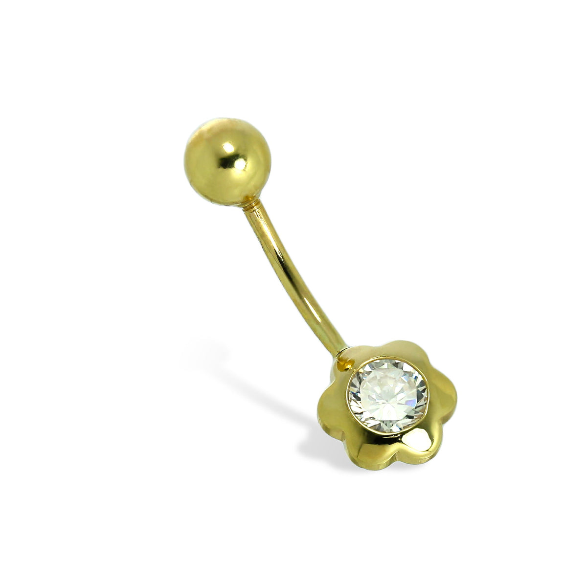 Piercing nombril en or 9 carats et cristal CZ transparent de 4 mm avec boule en forme de fleur