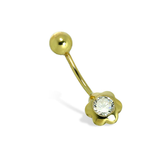 Piercing nombril en or 9 carats et cristal CZ transparent de 4 mm avec boule en forme de fleur