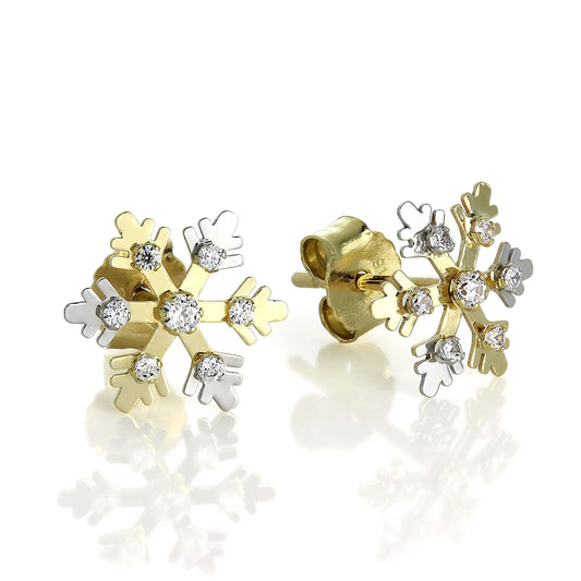 Boucles d'oreilles à tige en or blanc et jaune 9 carats et cristal CZ en forme de flocon de neige
