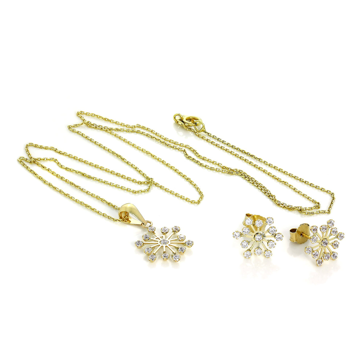Ensemble pendentif et boucles d'oreilles à tige en or 9 carats et cristal CZ en forme de flocon de neige