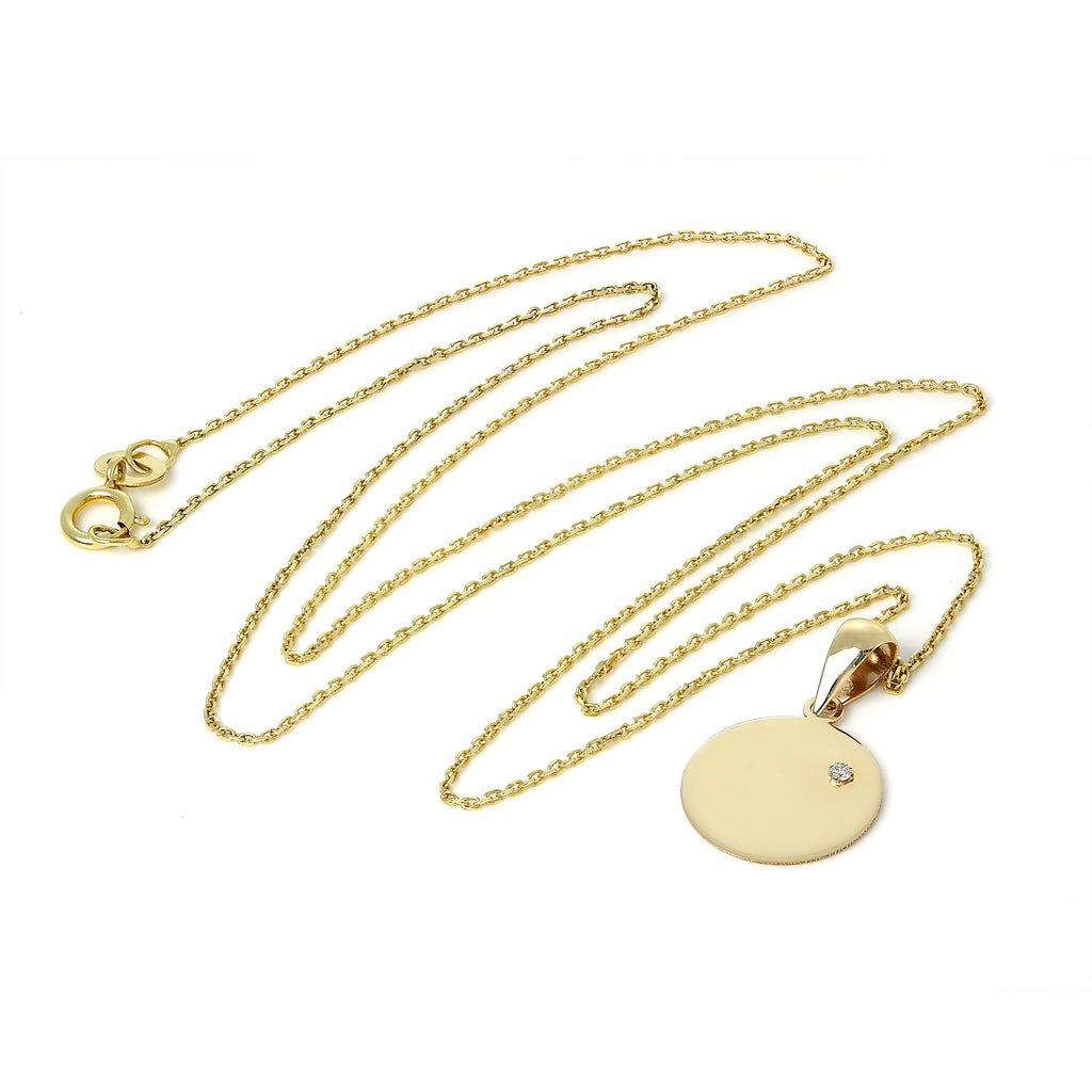 Pendentif rond gravable en or 9 carats avec minuscule diamant sur chaîne de 40 à 50 cm