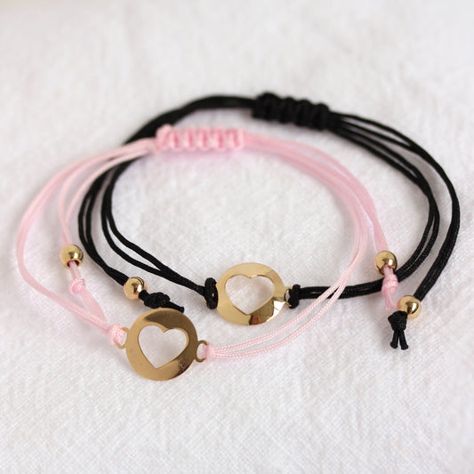 Bracelet réglable en or 9 carats avec cordon coloré et cœur ouvert