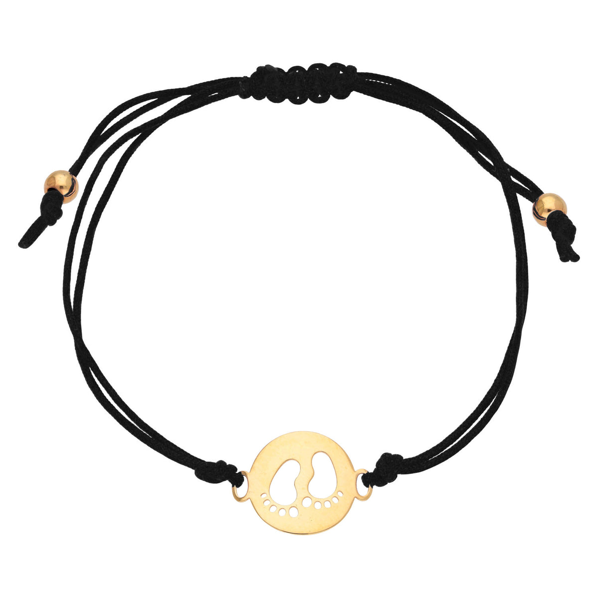 Bracelet réglable en or 9 carats avec cordon coloré et contour pieds de bébé