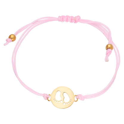 Bracelet réglable en or 9 carats avec cordon coloré et contour pieds de bébé