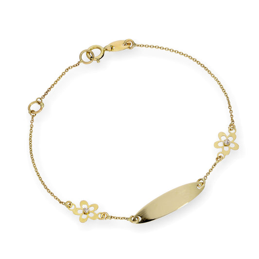 Bracelet plaque d'identité ovale pour enfant en or 9 carats avec fleurs en zircone cubique