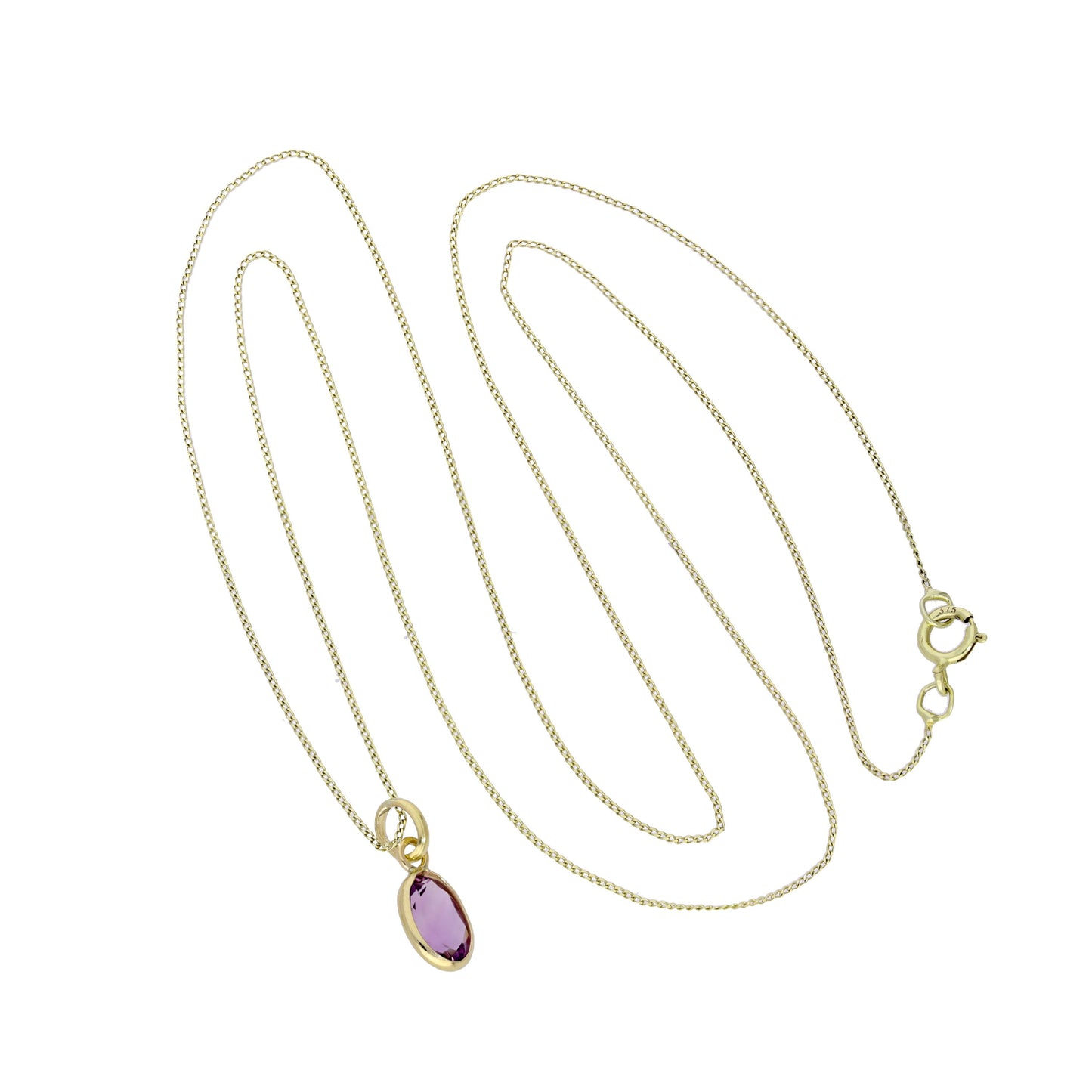 Collier pendentif ovale en or 9 carats et cristal CZ améthyste 40 à 50 cm