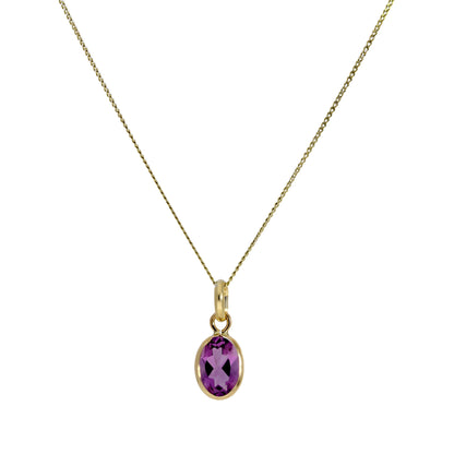 Collier pendentif ovale en or 9 carats et cristal CZ améthyste 40 à 50 cm
