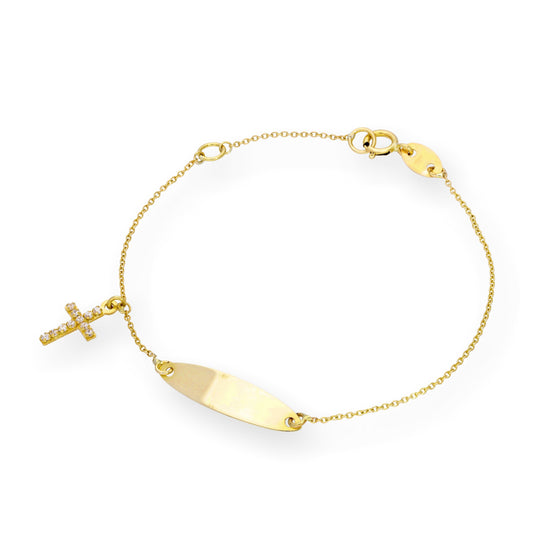 Bracelet enfant en or 9 carats et cristal CZ avec plaque d'identification et croix