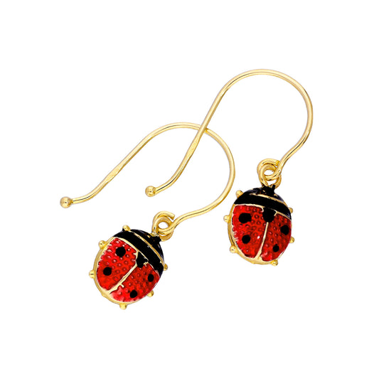 Boucles d'oreilles pendantes coccinelle en or 9 carats et émail