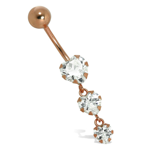 Piercing de nombril triple cœur en or rose 9 carats et cristal CZ transparent