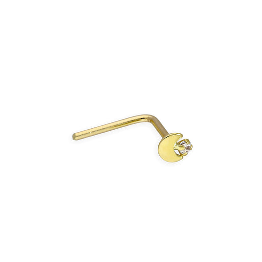Piercing de nez en forme de L en or 9 carats et cristal CZ transparent 23Ga, lune et étoile