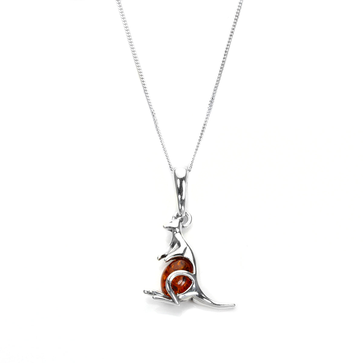 Pendentif kangourou en argent sterling et ambre de la Baltique - 40 à 55 cm