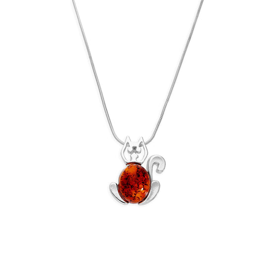 Collier avec pendentif en forme de chat en argent sterling et ambre de la Baltique, 35 à 55 cm