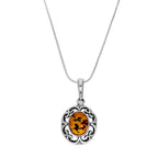 Collier avec pendentif floral fantaisie en argent sterling et ambre de la Baltique, 35 à 55 cm
