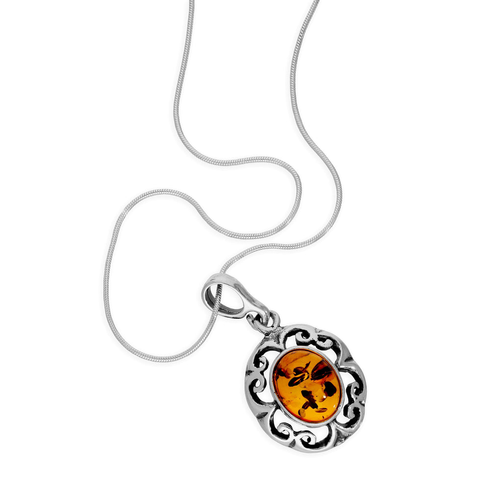 Collier avec pendentif floral fantaisie en argent sterling et ambre de la Baltique, 35 à 55 cm