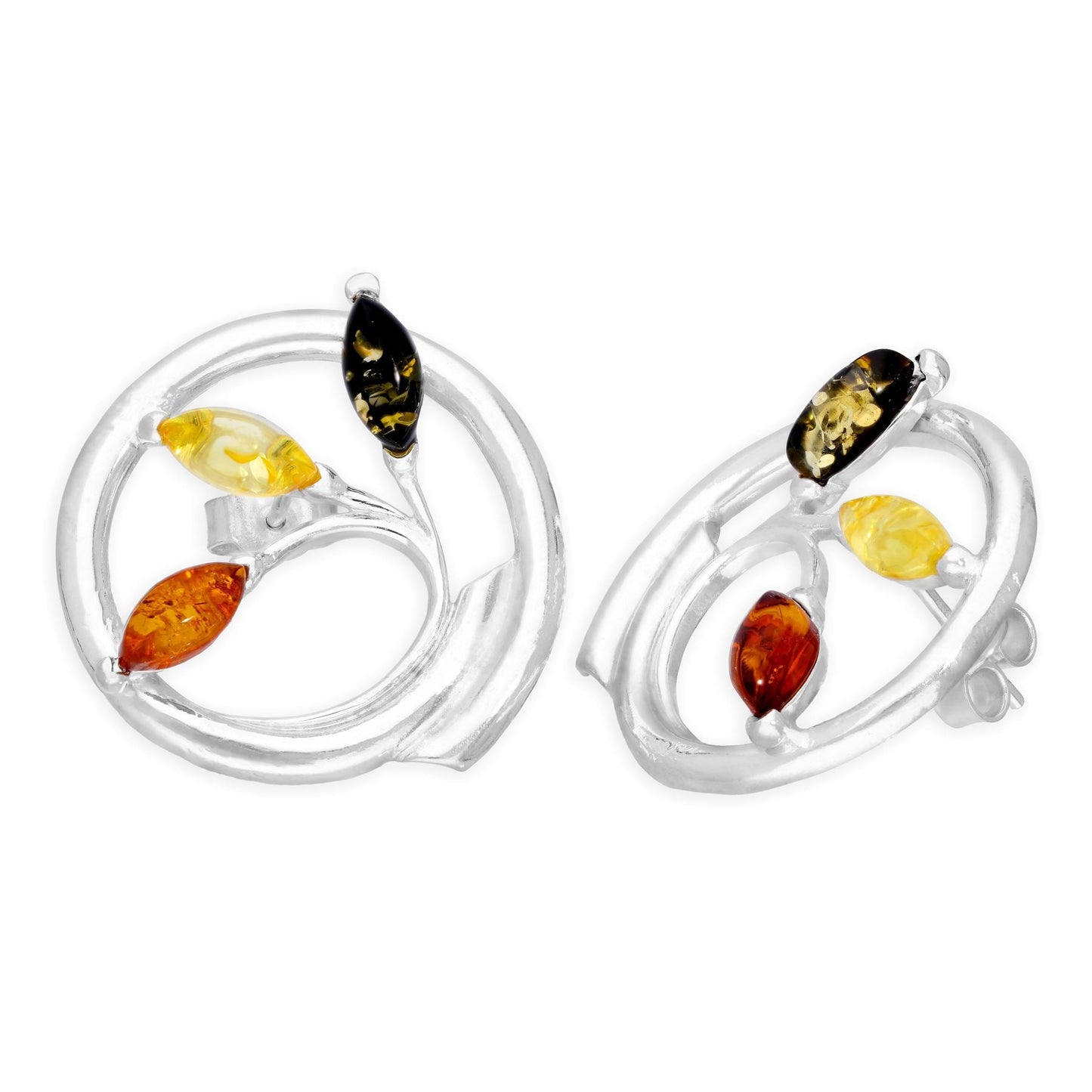 Boucles d'oreilles à tige en argent sterling et ambre de la Baltique multicolore en forme de vigne