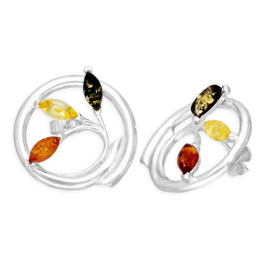 Boucles d'oreilles à tige en argent sterling et ambre de la Baltique multicolore en forme de vigne
