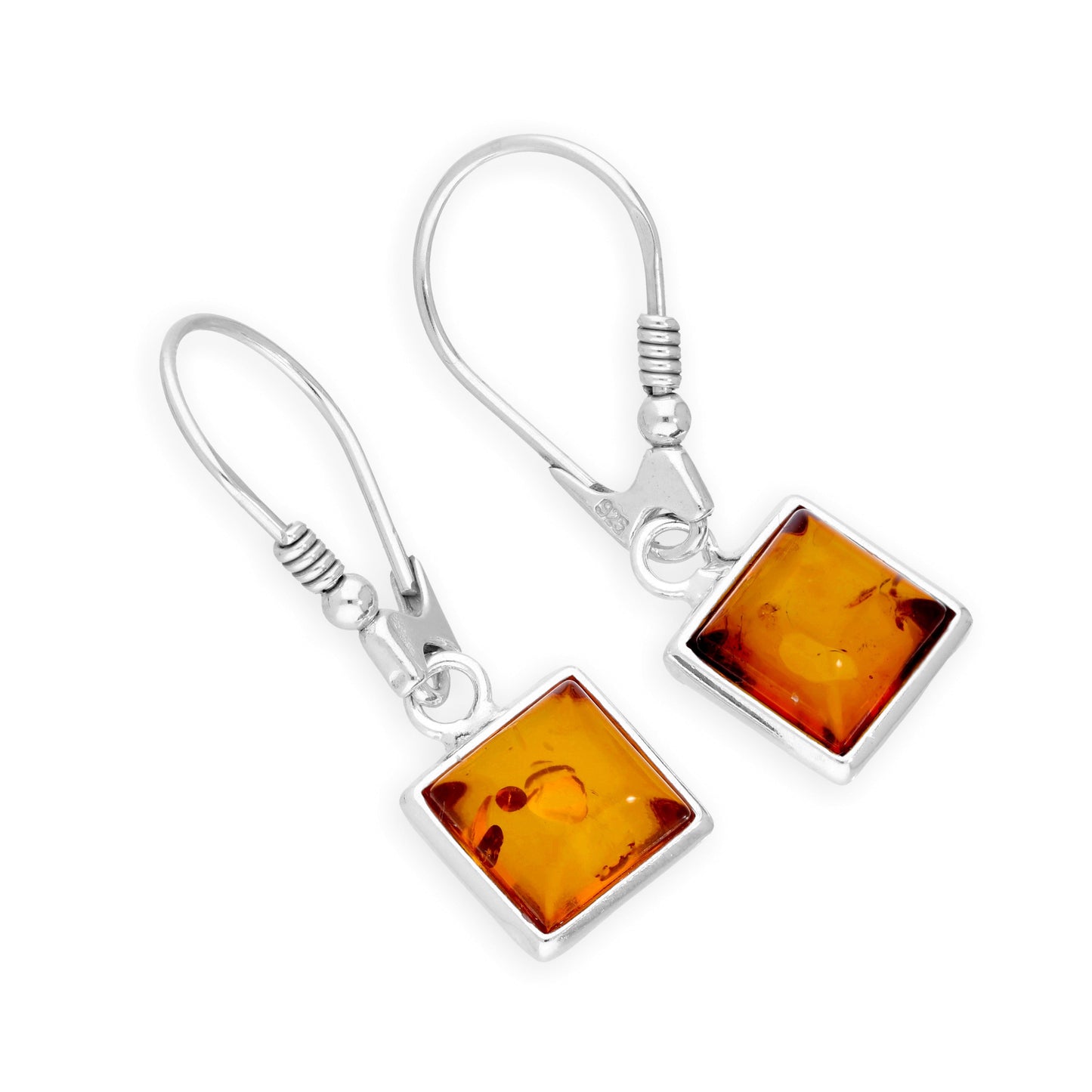 Boucles d'oreilles à levier carrées en argent sterling et ambre de la Baltique