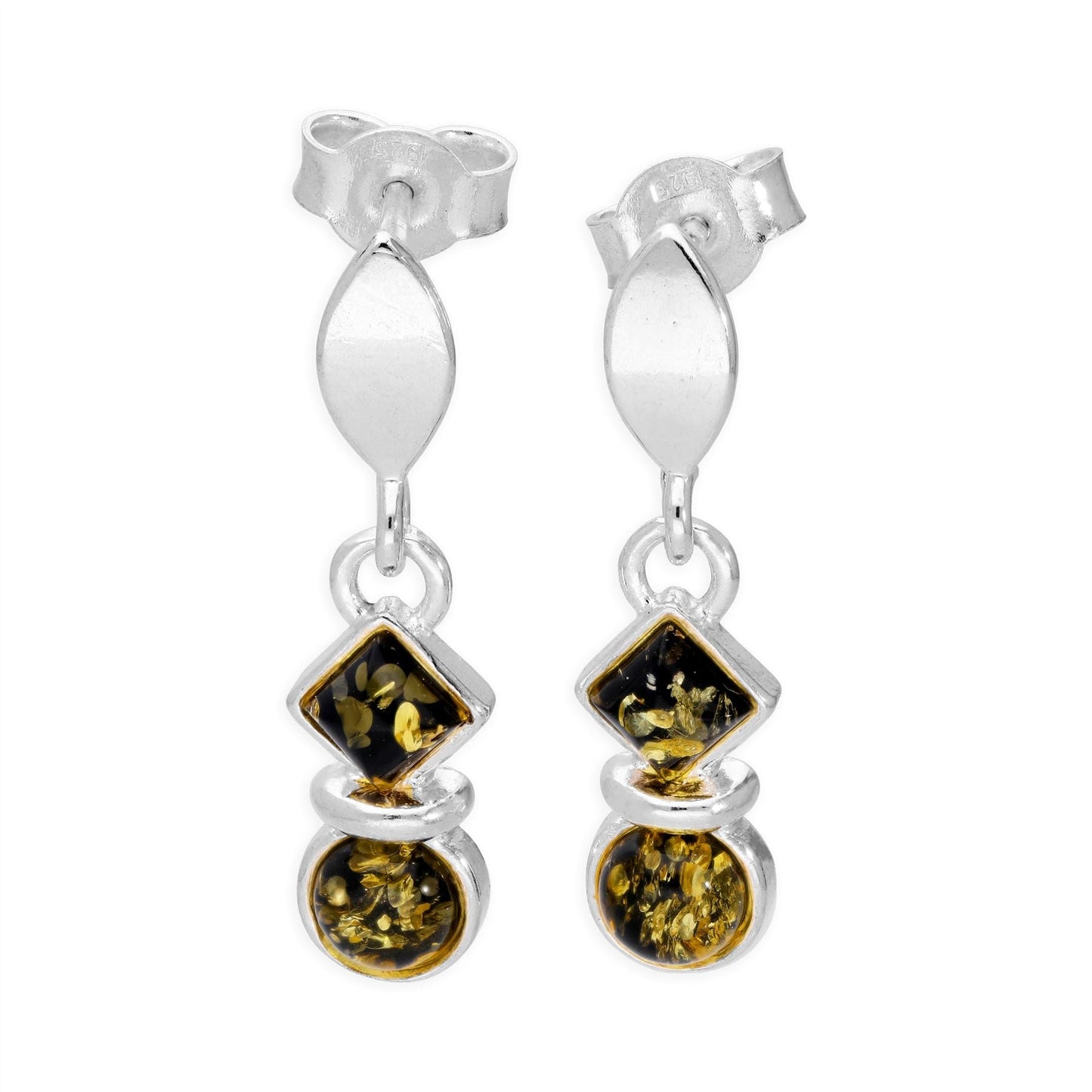 Boucles d'oreilles pendantes en argent sterling et ambre vert de la Baltique, cercles et carrés