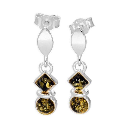 Boucles d'oreilles pendantes en argent sterling et ambre vert de la Baltique, cercles et carrés