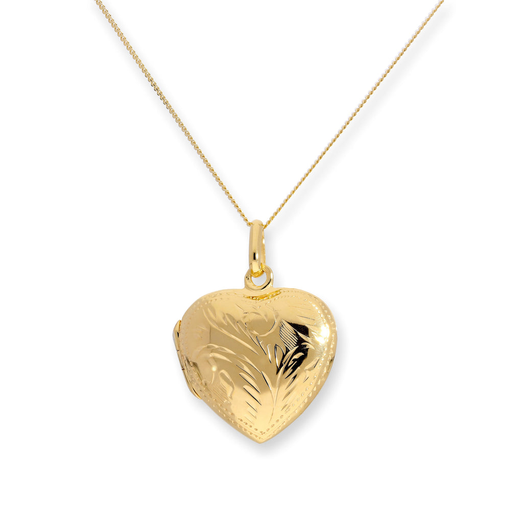 Médaillon en forme de cœur gravé en argent sterling plaqué or sur chaîne de 40 à 55 cm