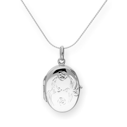 Médaillon ovale en argent sterling avec tourtereaux et roses qui s'embrassent sur chaîne de 40 à 55 cm