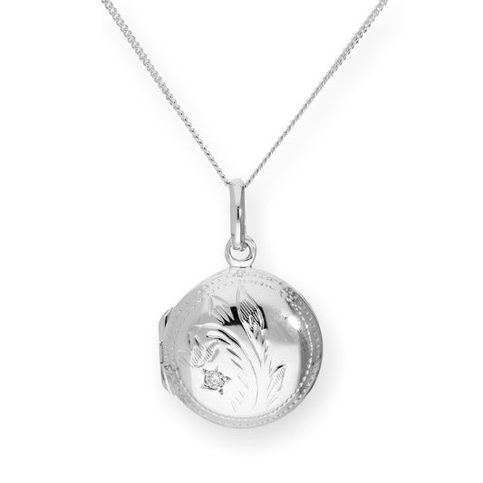 Médaillon rond gravé en argent sterling et cristal CZ sur chaîne de 40 à 55 cm
