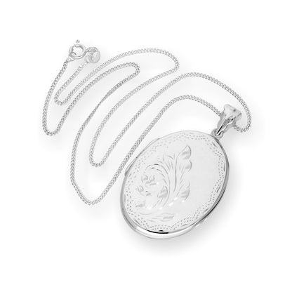 Grand médaillon ovale floral gravé en argent sterling sur chaîne de 40 à 61 cm
