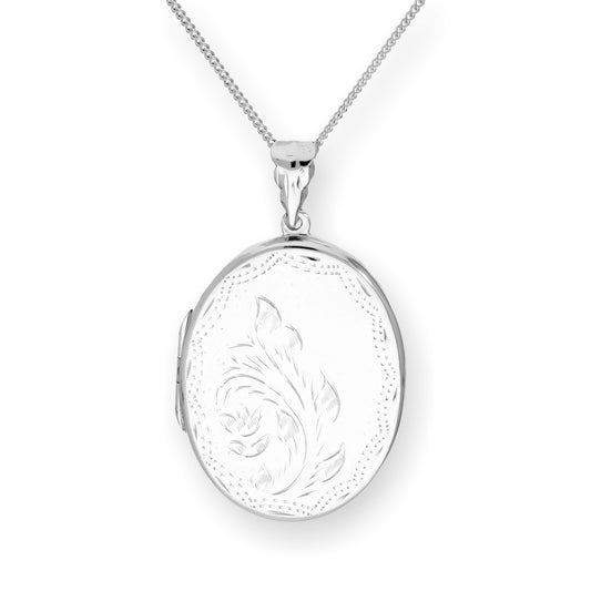 Grand médaillon ovale floral gravé en argent sterling sur chaîne de 40 à 61 cm