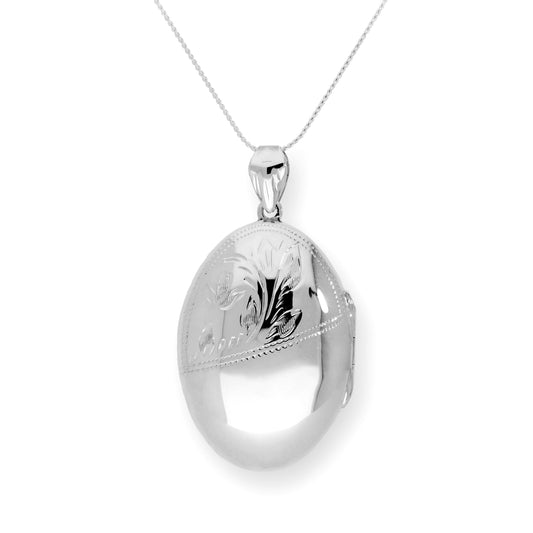 Grand médaillon ovale floral gravable en argent sterling sur chaîne de 40 à 55 cm
