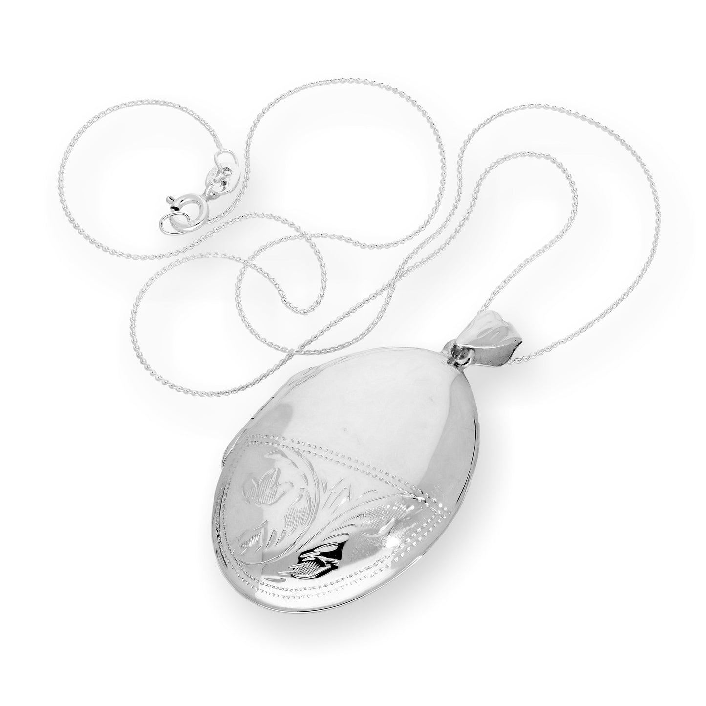 Grand médaillon ovale floral gravable en argent sterling sur chaîne de 40 à 55 cm