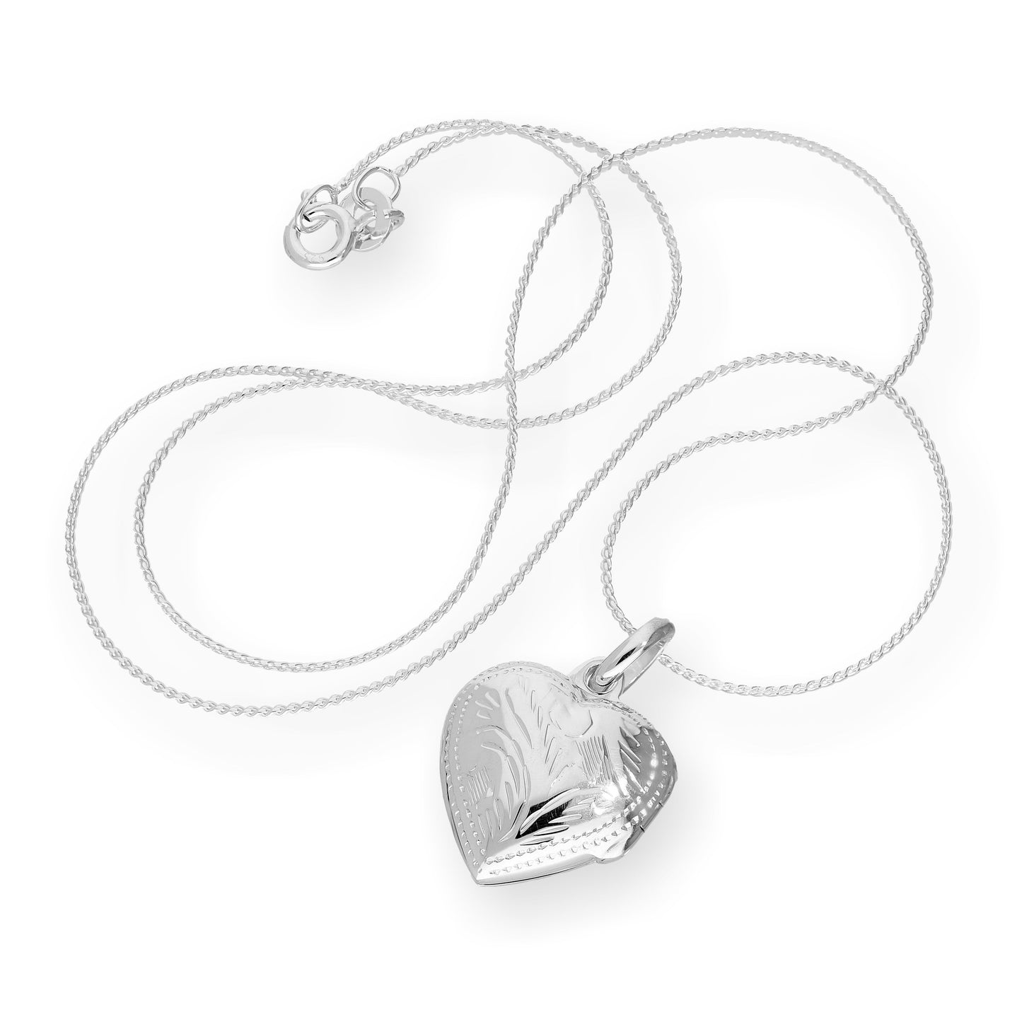 Médaillon en argent sterling gravé en forme de cœur gonflé sur chaîne de 40 à 55 cm