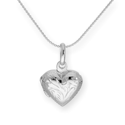 Médaillon gravé en argent sterling en forme de cœur gonflé sur chaîne de 40 à 55 cm
