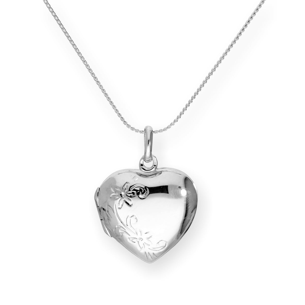 Médaillon en argent sterling en forme de cœur floral gravable sur chaîne de 40 à 55 cm