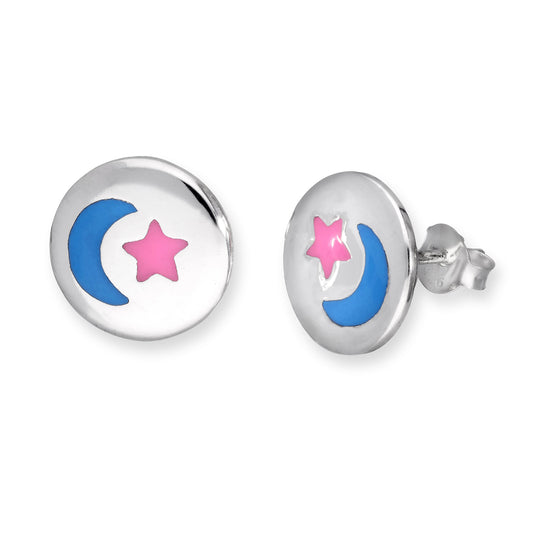 Boucles d'oreilles à tige en argent sterling et émail, disque lune et étoile