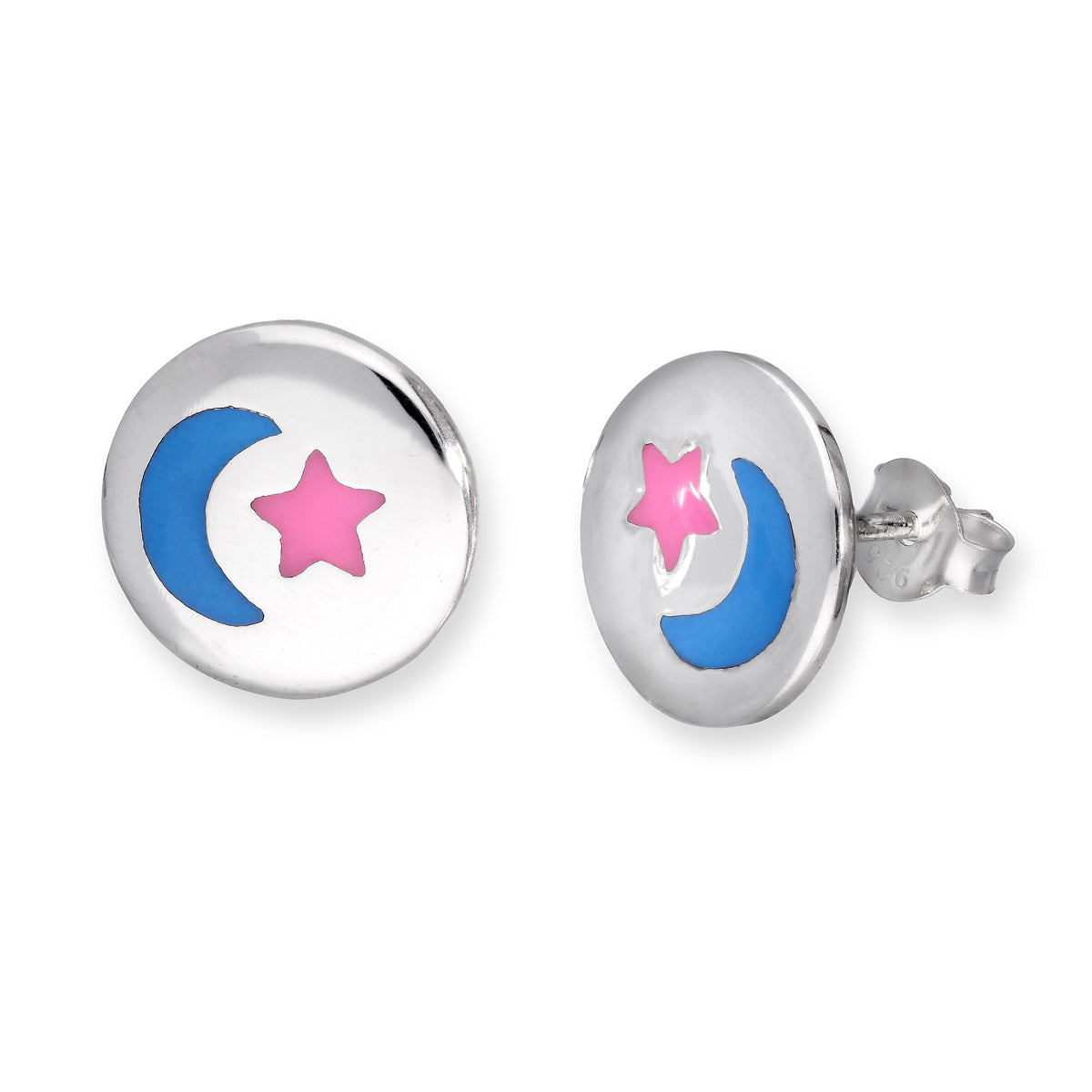 Boucles d'oreilles à tige en argent sterling et émail, disque lune et étoile