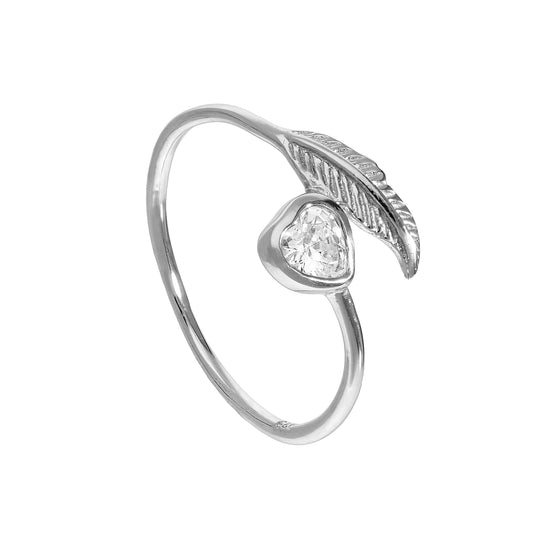 Bague en argent sterling et cristal CZ transparent, cœur et feuille, tailles J à U