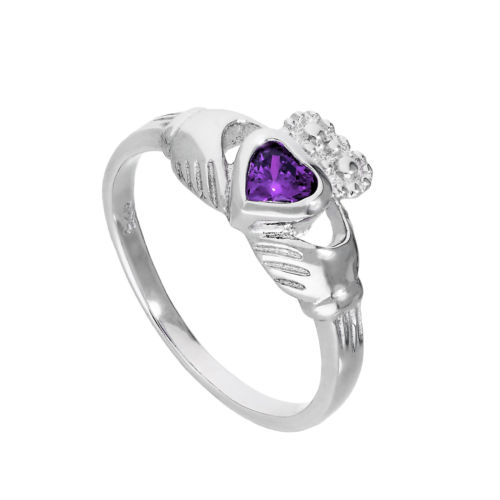 Bague Claddagh en argent sterling et cristal d'améthyste CZ, pierre de naissance de février 48 - 62,5