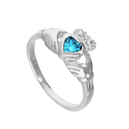 Bague Claddagh en argent sterling et cristal aigue-marine CZ, pierre de naissance de mars 48 - 62,5