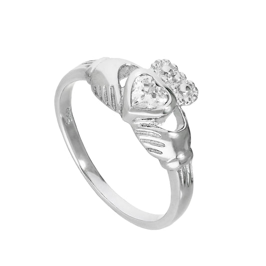 Bague Claddagh en argent sterling et cristal CZ transparent, pierre de naissance d'avril, tailles I à U