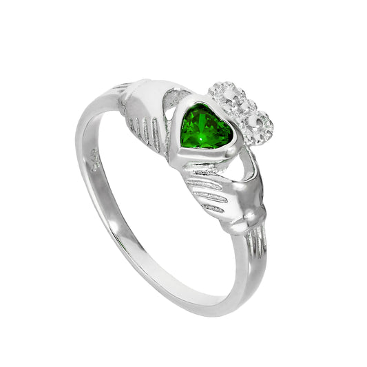 Bague Claddagh en argent sterling et cristal émeraude CZ, pierre de naissance du mois de mai, tailles I à U