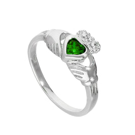Bague Claddagh en argent sterling et cristal émeraude CZ, pierre de naissance du mois de mai, tailles 48 à 62,5