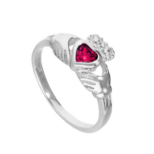 Bague Claddagh en argent sterling et cristal rubis CZ, pierre de naissance de juillet, tailles I à U